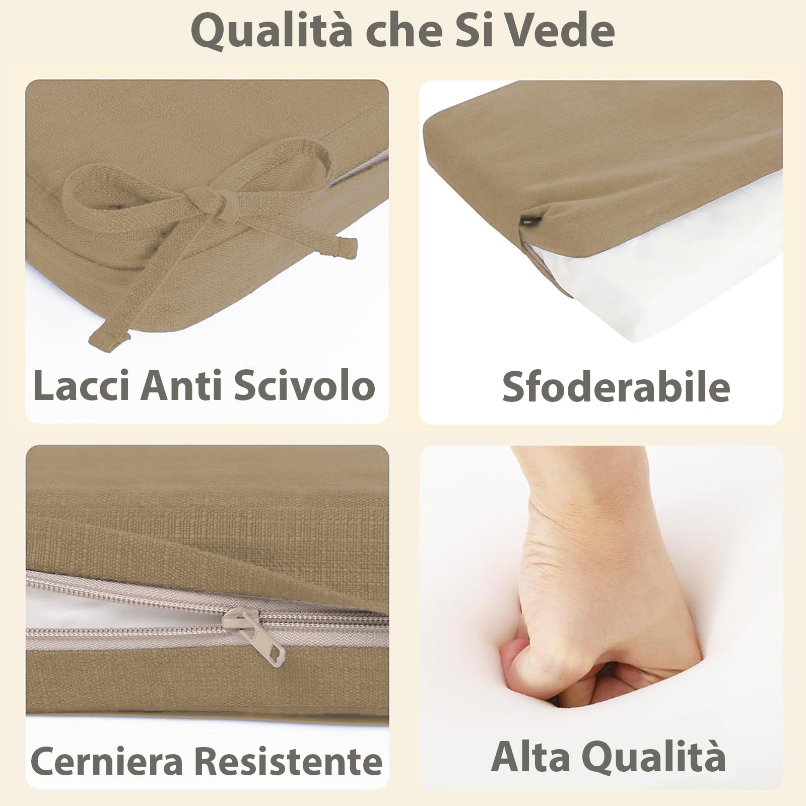 HAND Cuscino per Panca 120x40 cm - Interno ed Esterno - Seduta Imbottita, Morbida e Resistente - Per Giardino, Patio, Cucina - Prodotto in Italia (Tortora)