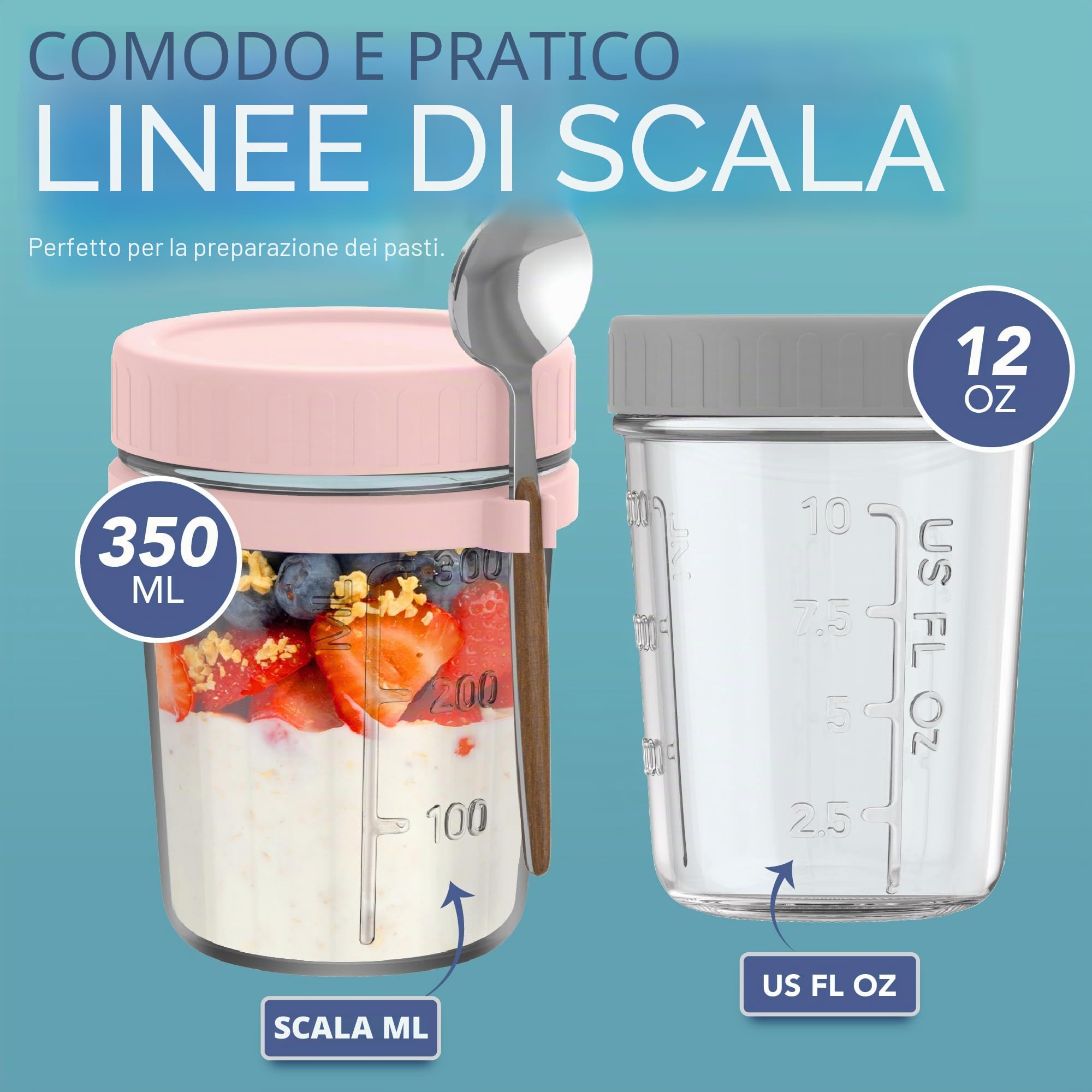 HEFTMAN Overnight Avena Barattoli con coperchio – 350 ml Barattoli ermetici per la colazione in vetro con cucchiai (confezione da 4)