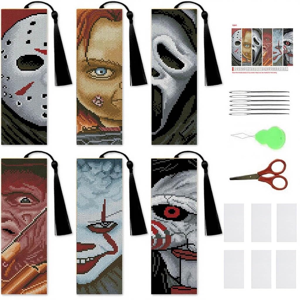 Jakener 6 Pcs Horror Cross Stitch Bookmark Kit for Adult Beginners,Cross Stitch Kits 14 CT DIY Crossstitch Kits Adult Stamped Bookmark Embroidery Bookmarks Kit