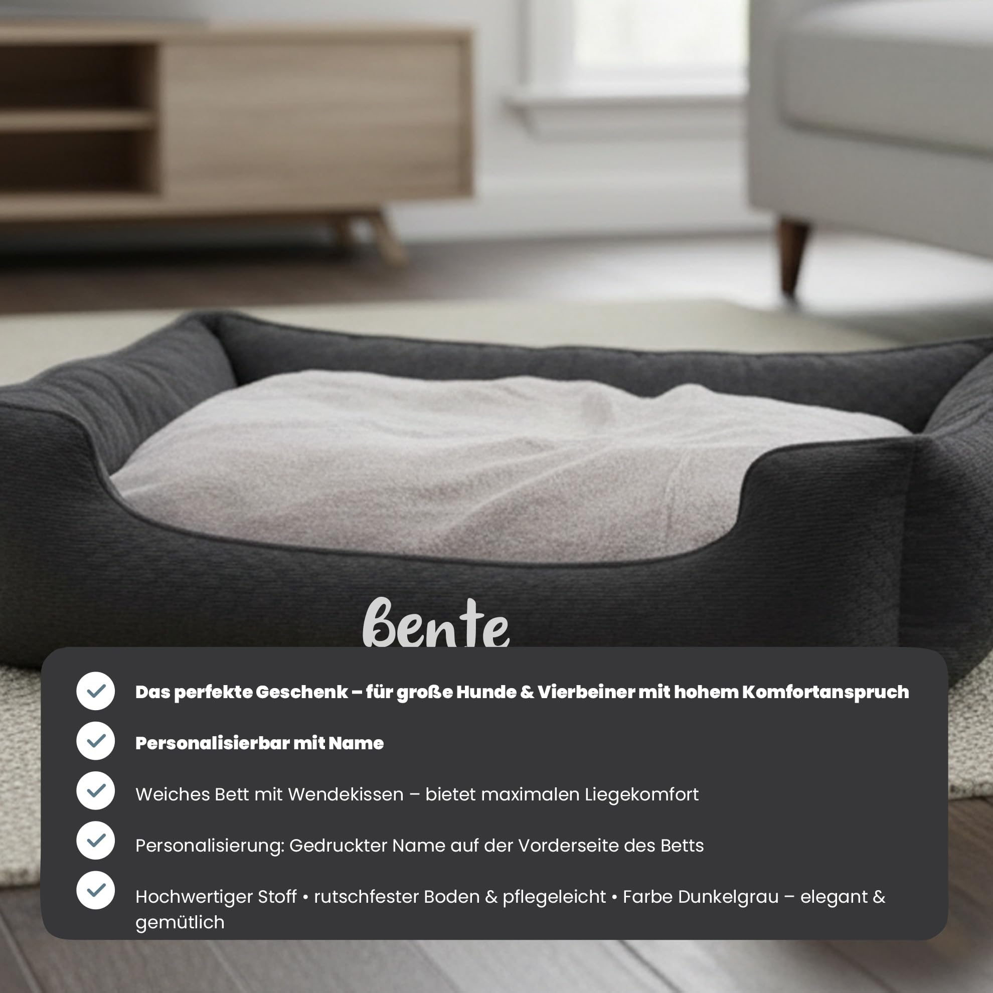Personalizable cama para perro rectangular 100×80×25 cm Gris Oscuro–suave & cómoda con cojín reversible–base antideslizante & funda lavable –ideal para perros grandes–personalizada con nombre–Petslino