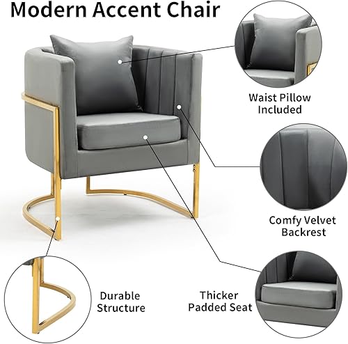 Miniatura 8 de Silla decorativa moderna de terciopelo, silla de barril tapizada de mediados de siglo con cojín para sala de estar, cómoda silla única de tocador