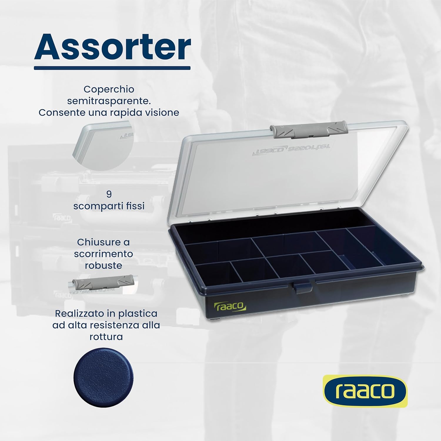 Raaco Assorter Tool Box Organizer – Medium – 9 Slots Fixed Grid with Semi-Transparent Lid, Polypropylene (PP) Storage Box for Screws, Nuts and Bolts, Small Parts & Hardware (Assorter 5-9)