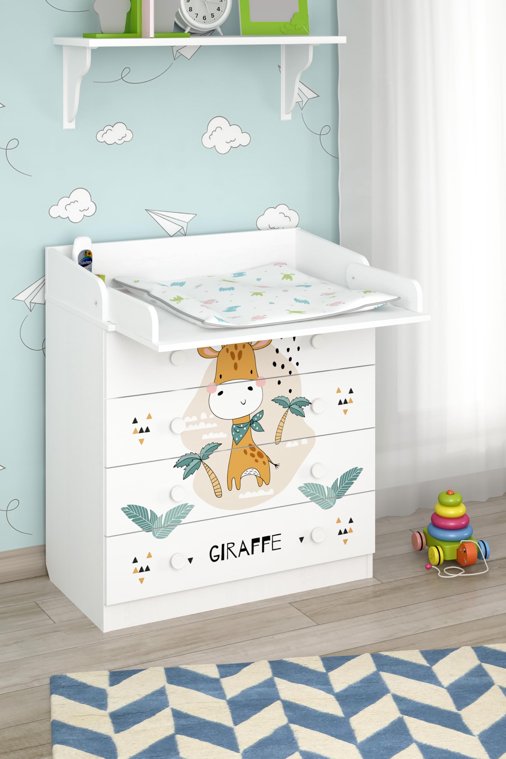 Shefa 800 Kids Baby Changing Table White Giraffe Chest of Drawers with 4 Drawers and Changing Unit
