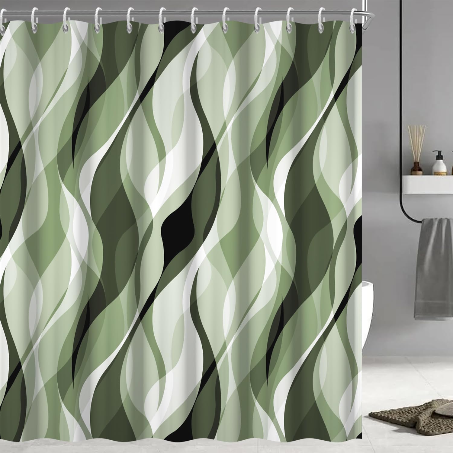 Ruelvth Sage Green Shower Curtain, Abstract Ombre Green and Grey Striped Shower Curtain Set for Bathroom Waterproof Polyester Shower Curtain with