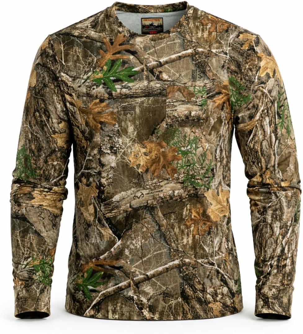 Realtree Camo Long Sleeve Hunting Shirt – Midweight 100% Cotton Tee with Ribbed Cuffs – Ideal for Outdoor & Workwear