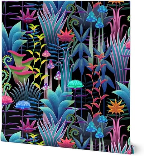 Spoonflower Papel tapiz extraíble de 12 x 2 pies, diseño bioluminiscente, árboles florales de selva caprichoso, papel tapiz prepegado personalizado