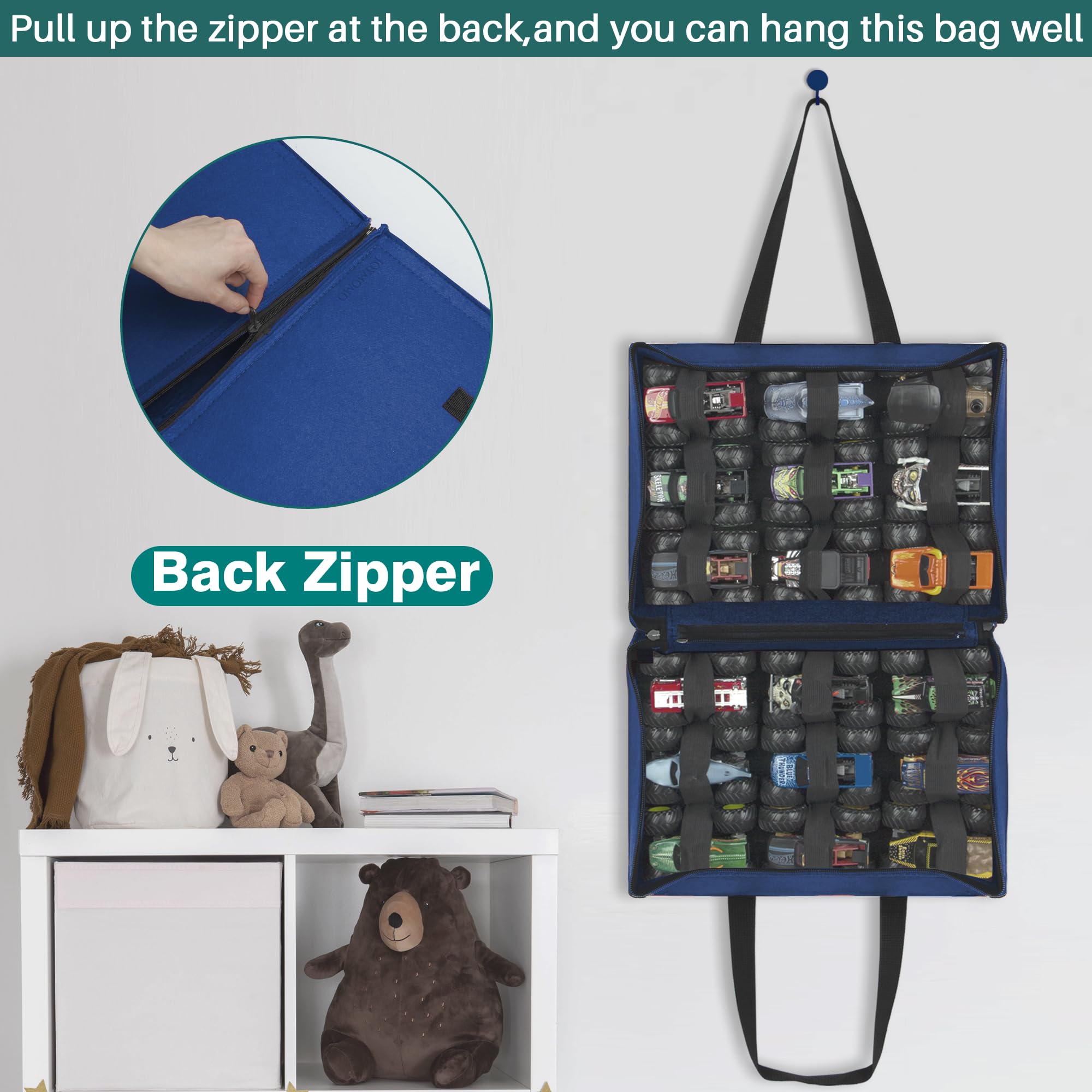 JOYMOMO Felt Monster Trucks Display Case Compatible with Toy Trucks, Portable Carrying Bag Fit for 18 Monster Trucks Storage(Bag Only) (Blue)