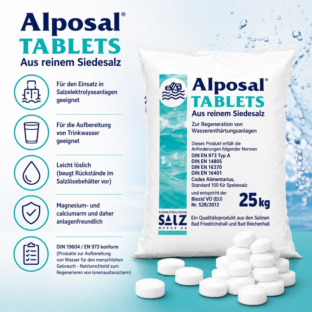 ALPOSAL Tabletten Regeneriersalz 25 kg – Hochreines Siedesalz für Wasserenthärtungsanlagen – Salztabletten für Ionenaustauscher & Salzelektrolyseanlagen – DIN EN 973 Typ A