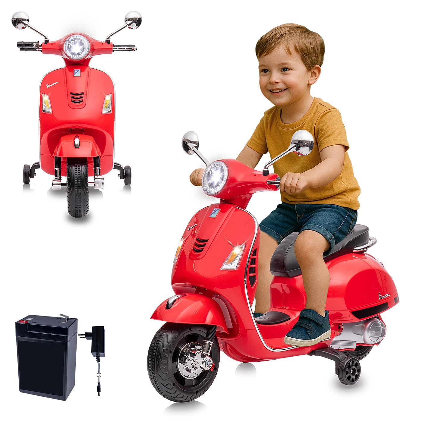 JAMARA 461837 Ride-on Vespa GTS 125 Li-Power Voiture électrique pour Enfants à partir de 3 Ans, idée Cadeau pour garçons et Filles, Roues stabilisatrices, lumière LED