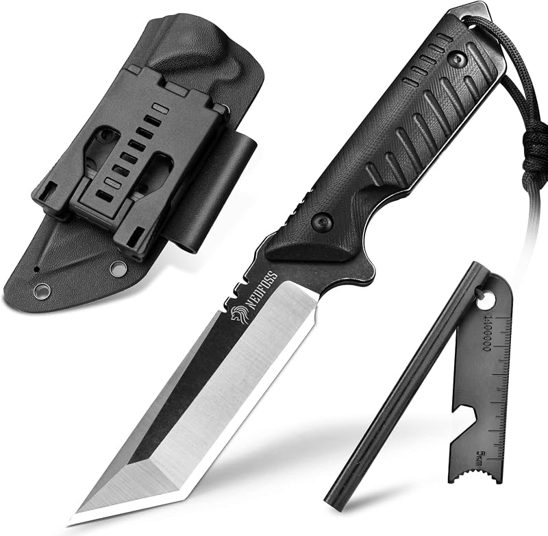 Dragon Tactical Knife w/Fire Starter, 4.3" 440C Steel Tanto Knife | Full Tang Fixed Blade Knife w/ Sheath, G10 Handle, Stonewashed Blade, Heavy Duty Survival Knife For Outdoor Camping Men Gift