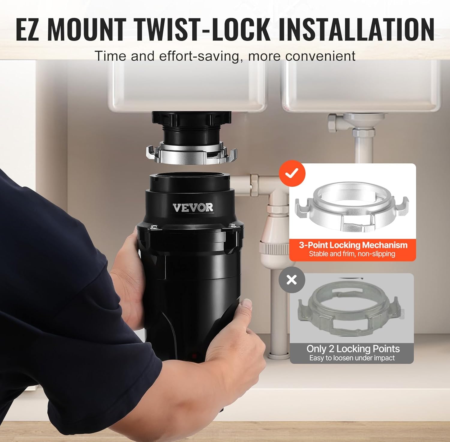 VEVOR Garbage Disposal, 1/2HP 3450RPM Continuous Feed Food Waste Disposer, EZ Connect Food Waste Grinding System with Power Cord & Splash Guard for Kitchen Sinks