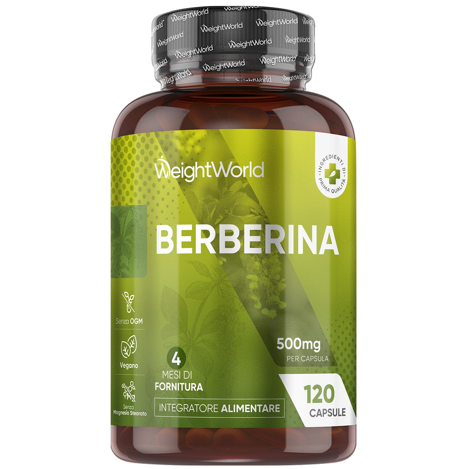 Berberina Vegana (Fornitura per 4 Mesi), 1 Capsula al Giorno di Pura Berberina 500 mg HCL 95%, Proveniente dalla Berberis Vulgaris, Integratore con 120 Capsule, Senza Magnesio Stearato né Allergeni