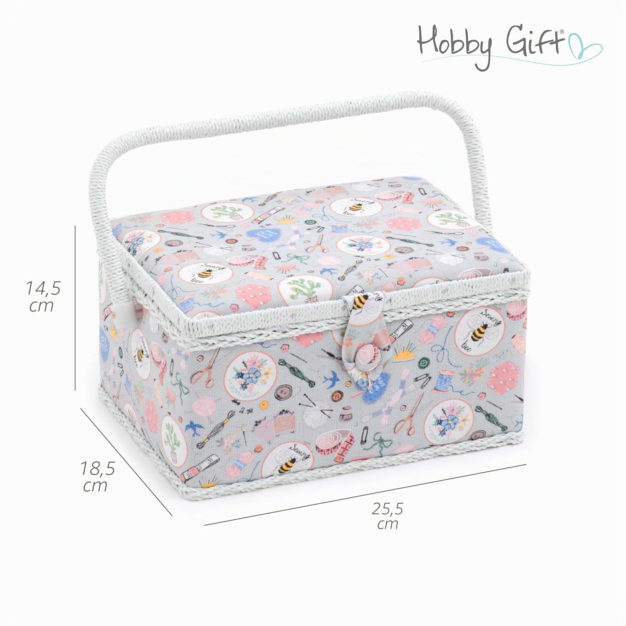 Hobby Gift Boîte à Couture Moyenne avec Poignée, Panier de Rangement Couture en Coton avec Compartiments pour Outils et Accessoires, Boîte Loisirs Créatifs, 18,5 x 25,5 x 14,5 cm, Fait Maison