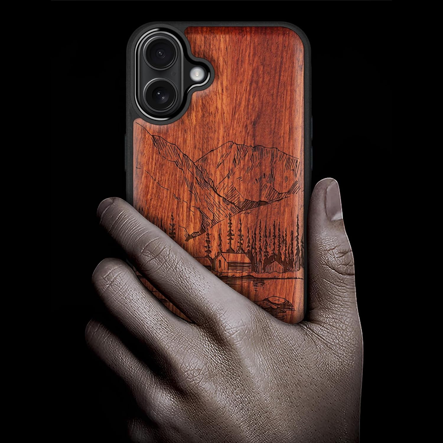 Carveit Magnetic Wooden Case for iPhone 16 Plus Case, Wood Artisan Engraved & Black Soft TPU Shockproof Cover, Compatible with MagSafe Wireless Chargers (Lakes and Mountains) Rosy