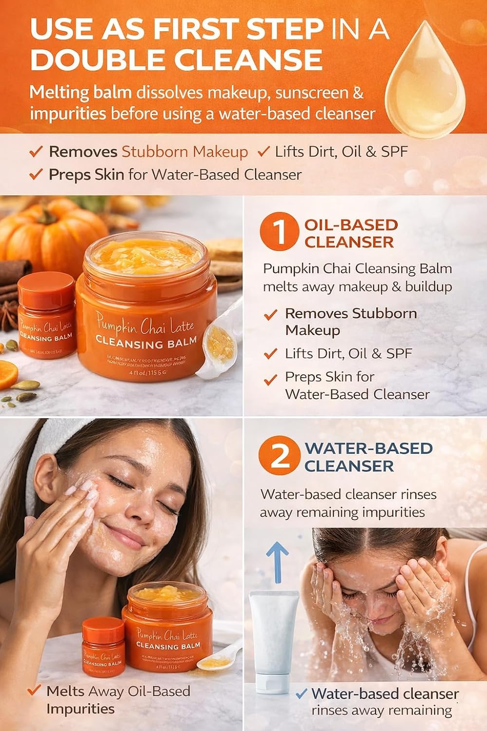 Cleansing Balm Makeup Remover + Mini Travel Size Cleansing Balm – Pumpkin Chai Latte Balm to Oil Face Cleanser 3.4 oz – Korean Double Cleanse for Waterproof Makeup, Dry Oily Sensitive Skin Face Wash