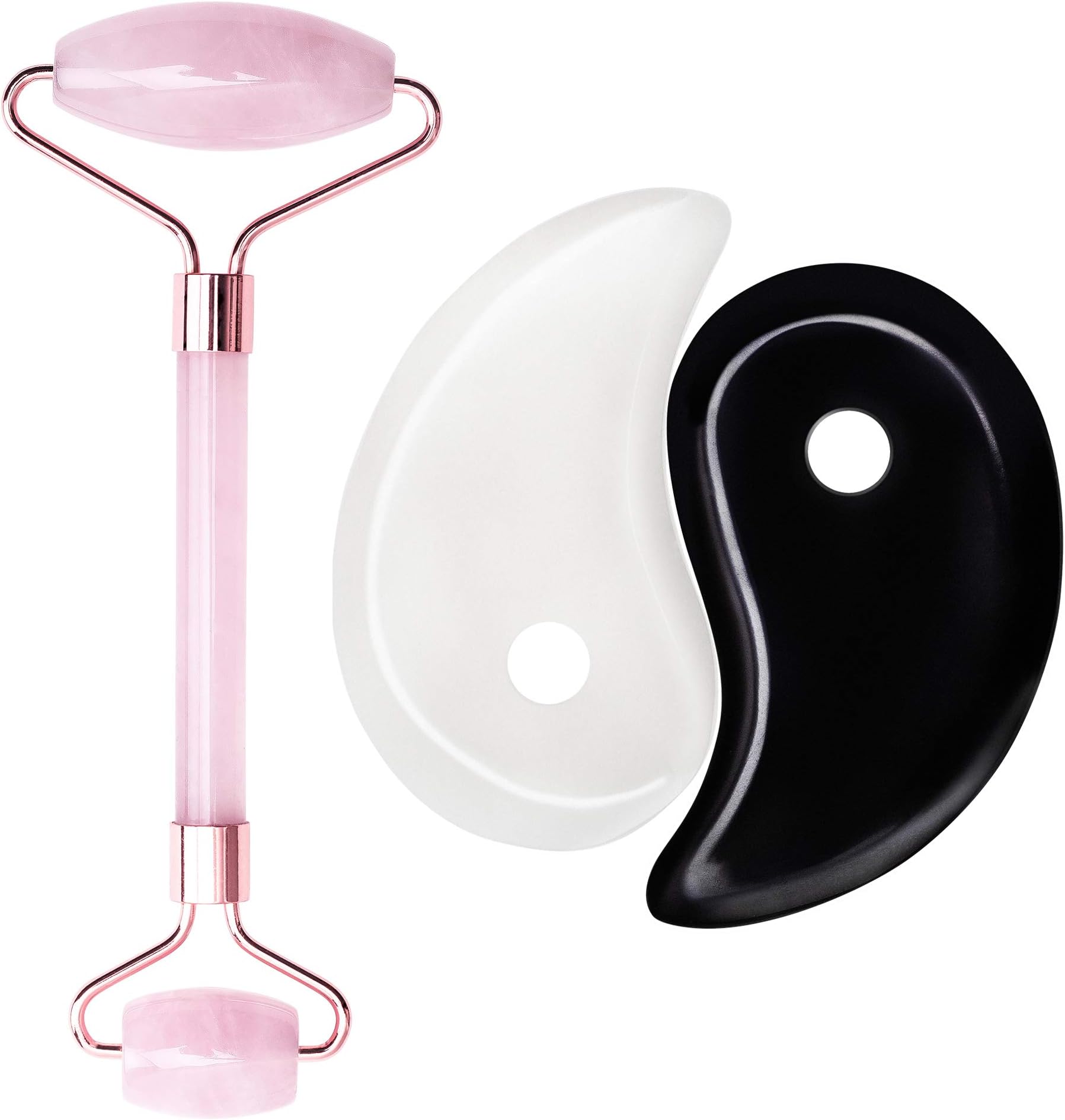 Gua Sha Scraping Massage Tool - Facial Rose Quartz Roller + 2 Guasha Bian + Jade Stones - Smooth Edge Tools Set - Stone Boards for Acupuncture Therapy Trigger Point Treatment + eBook