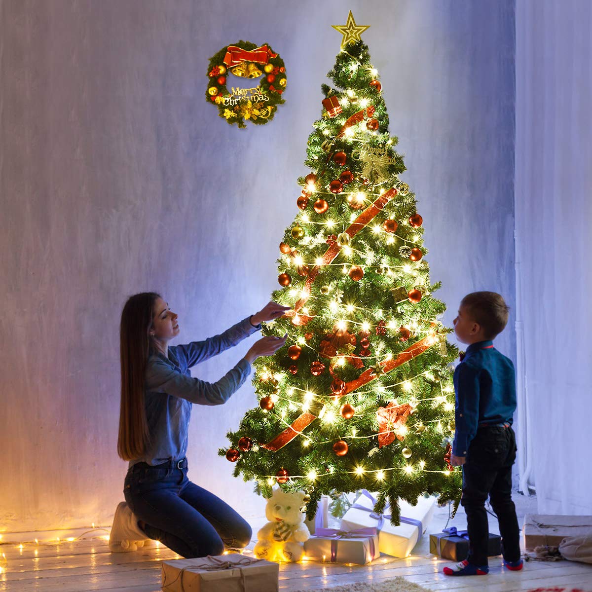 COSTWAY 210 cm Árbol de Navidad Artificial, Arbol de Navidad Verde con Base Metálica, Árbol Artificial de PVC con 950 Ramas, Decoración Navideña para Interiores Fácil de Montar