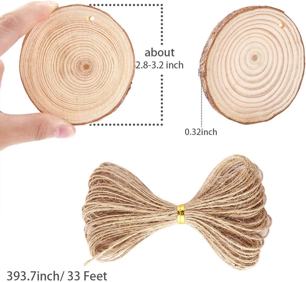 Caydo 20 Pieces 2.8-3.2 Inch Unfinished Predrilled Wood Slices Thickness of 0.8cm Solid Round Log Discs and 33 Feet Natural Jute Twine for Wedding Ornaments Decorations