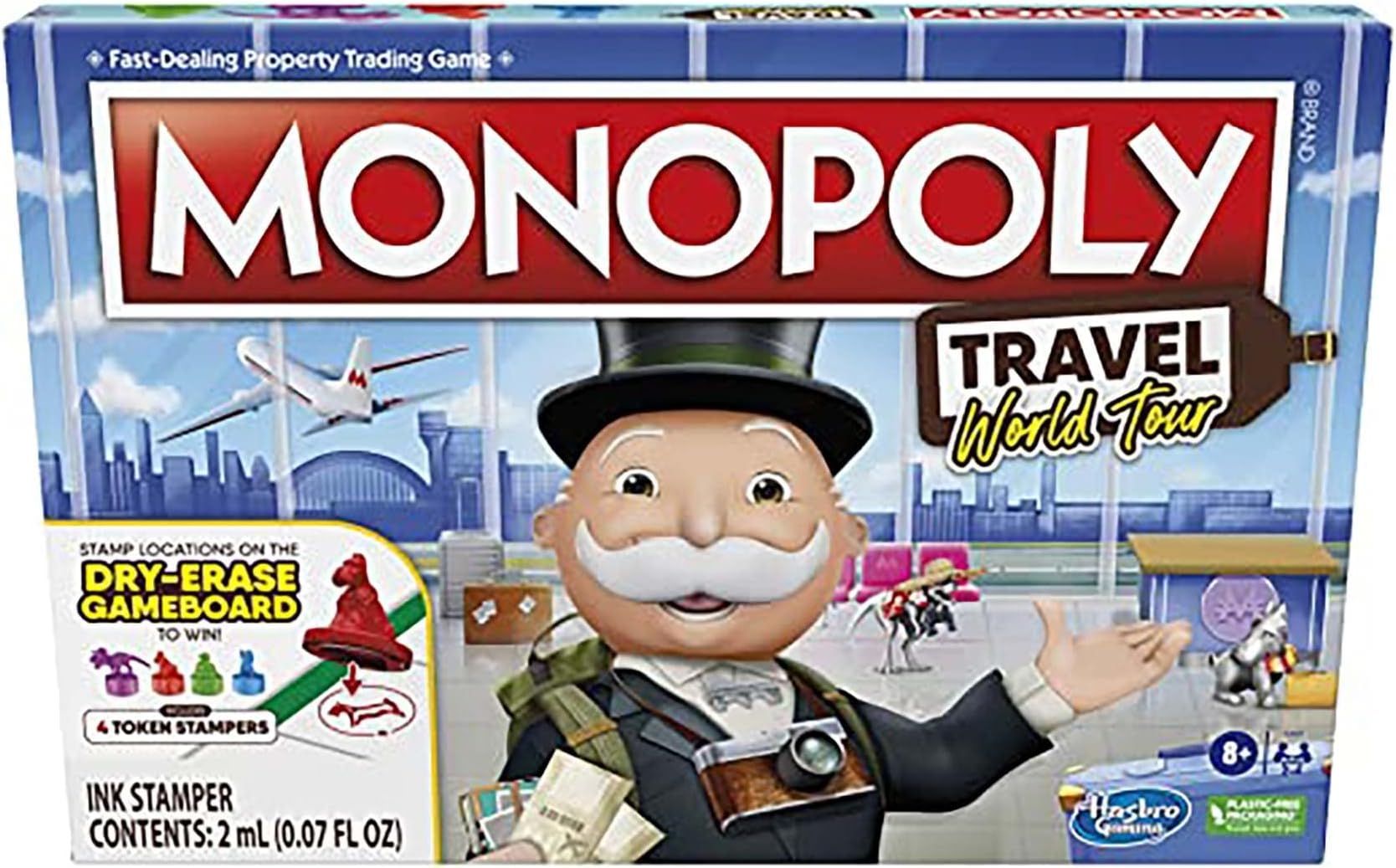 Hasbro Gaming Monopoly World Tour Monopoly Board Game, with Token Stampers and Dry-Erase Gameboard, Board Games for Family Game Night