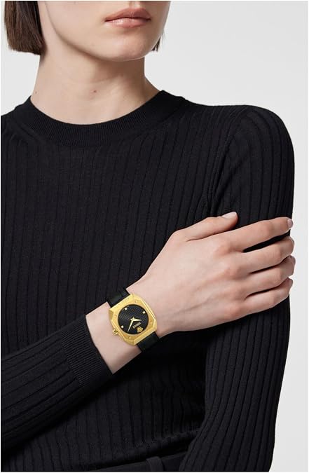 Versace Antares Womens Watch, Swiss Made Luxury Designer Watch with Black Guilloche Dial, Yellow Gold IP 37mm Case, Black Calfskin Leather Strap, Ardillon Clasp, 5 ATM