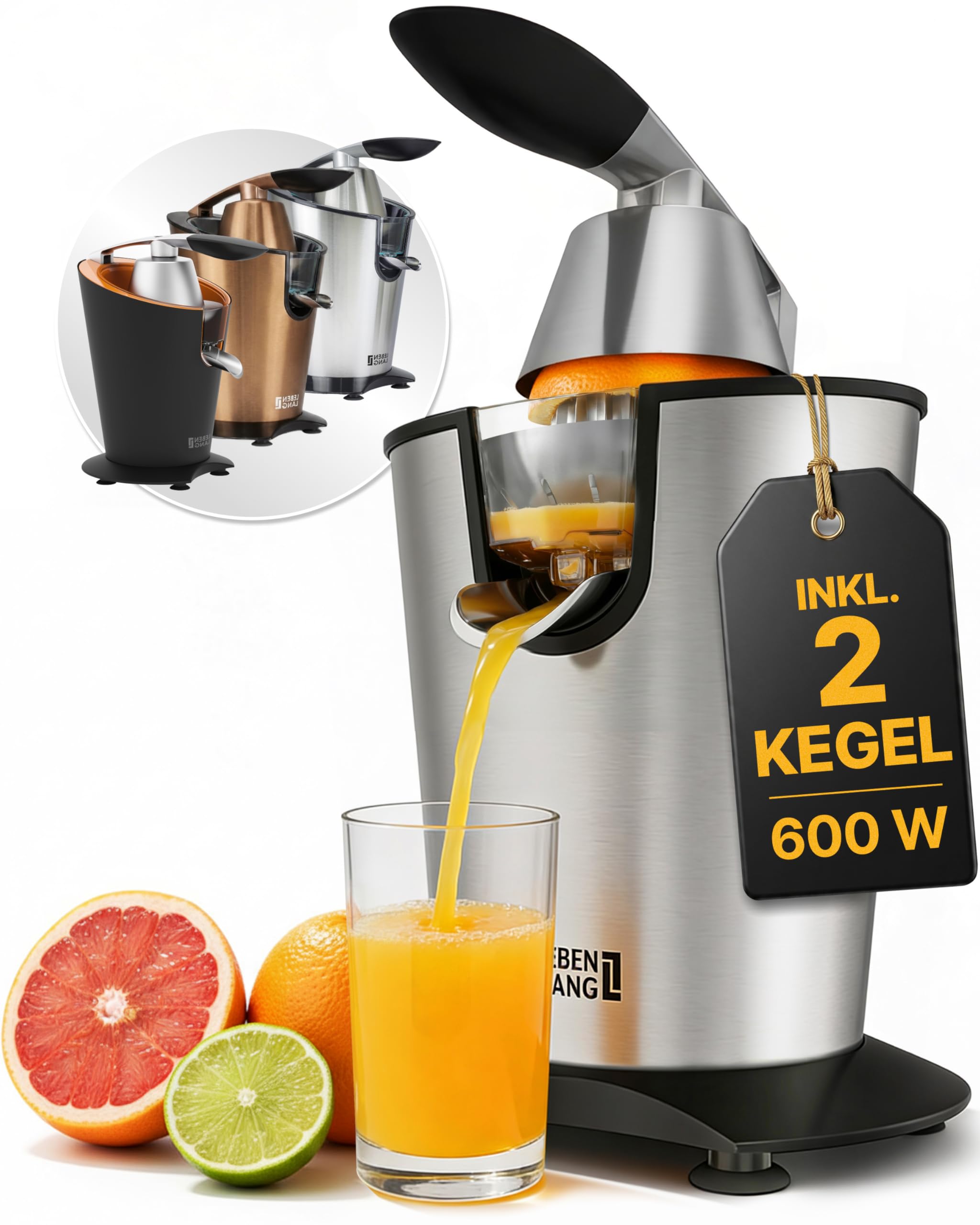 LEBENLANG Saftpresse elektrisch 600W - Inkl. Edelstahlkegel & BPA-Frei I Hohe Ergiebigkeit I Orangenpresse Zitruspresse Zitronenpresse Orangensaftpresse I Orange Juicer Press Zitronen