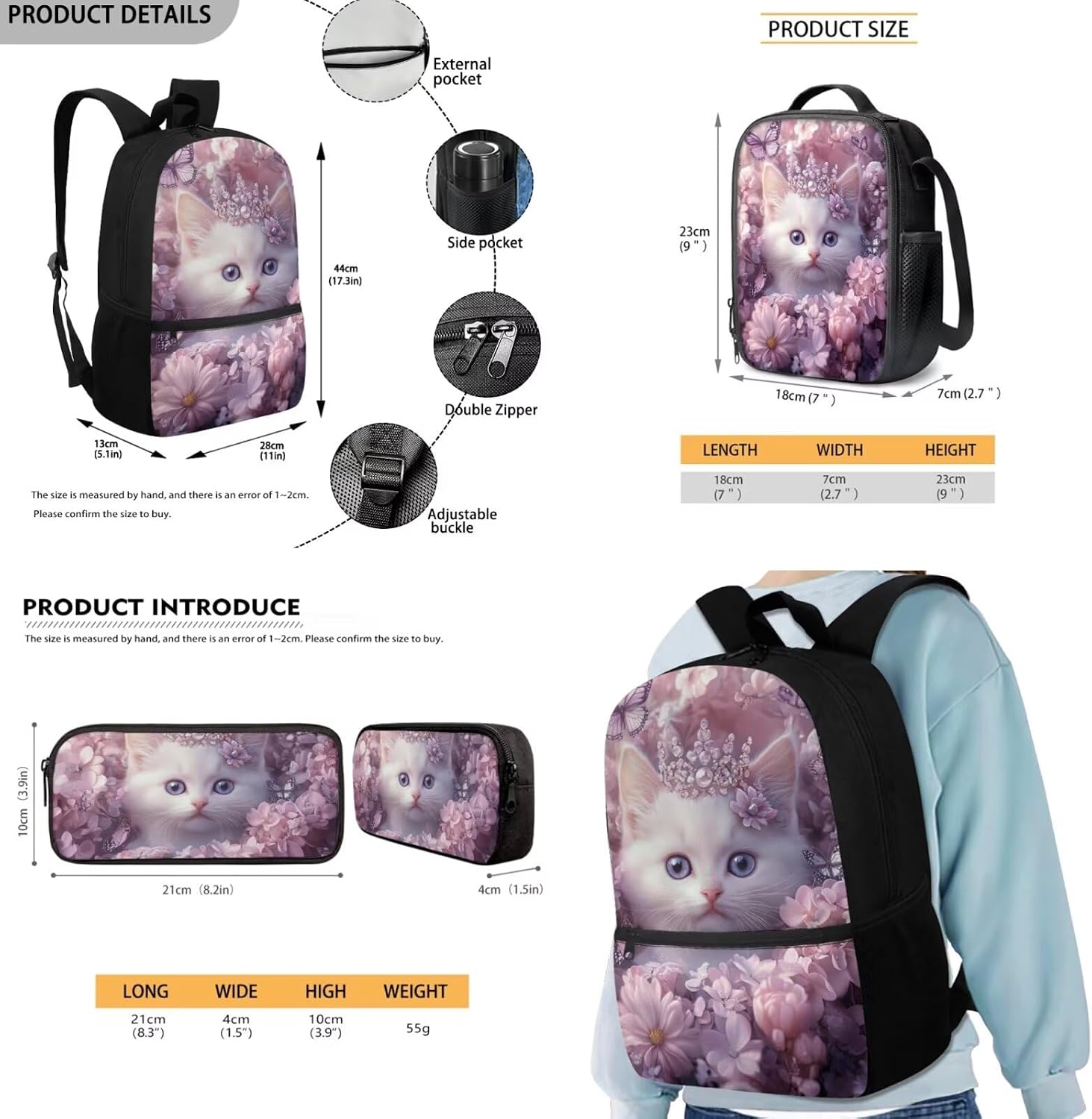 COEQINE Pink Cat Backpack for School for Girls 6-8Y 17 Inch Bookbag Set for Kids Large Capacity School Bag Set for Teen Laptop Back Pack with Handles for First Grade Book Bag 3 Piece