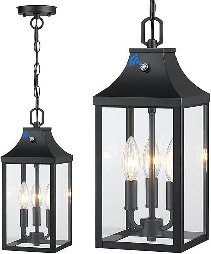 Lámpara colgante grande para exteriores, 3 luces, de 15 pulgadas, del anochecer al amanecer, lámpara colgante de porche ajustable, lámpara colgante