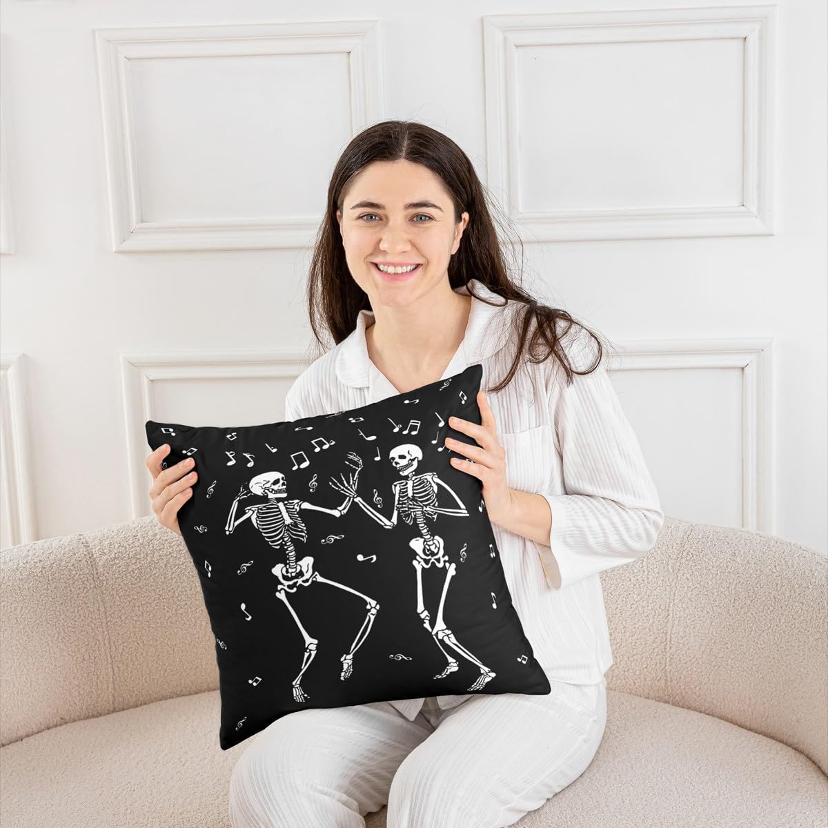 Erosebridal Halloween Skull Dancing 20" L X 20" W Pillow Cover, Gothic Skull Singing Throw Pillow Cover, Skeleton Music Note Cushion Case, Musical Notes Pillowcase image 4
