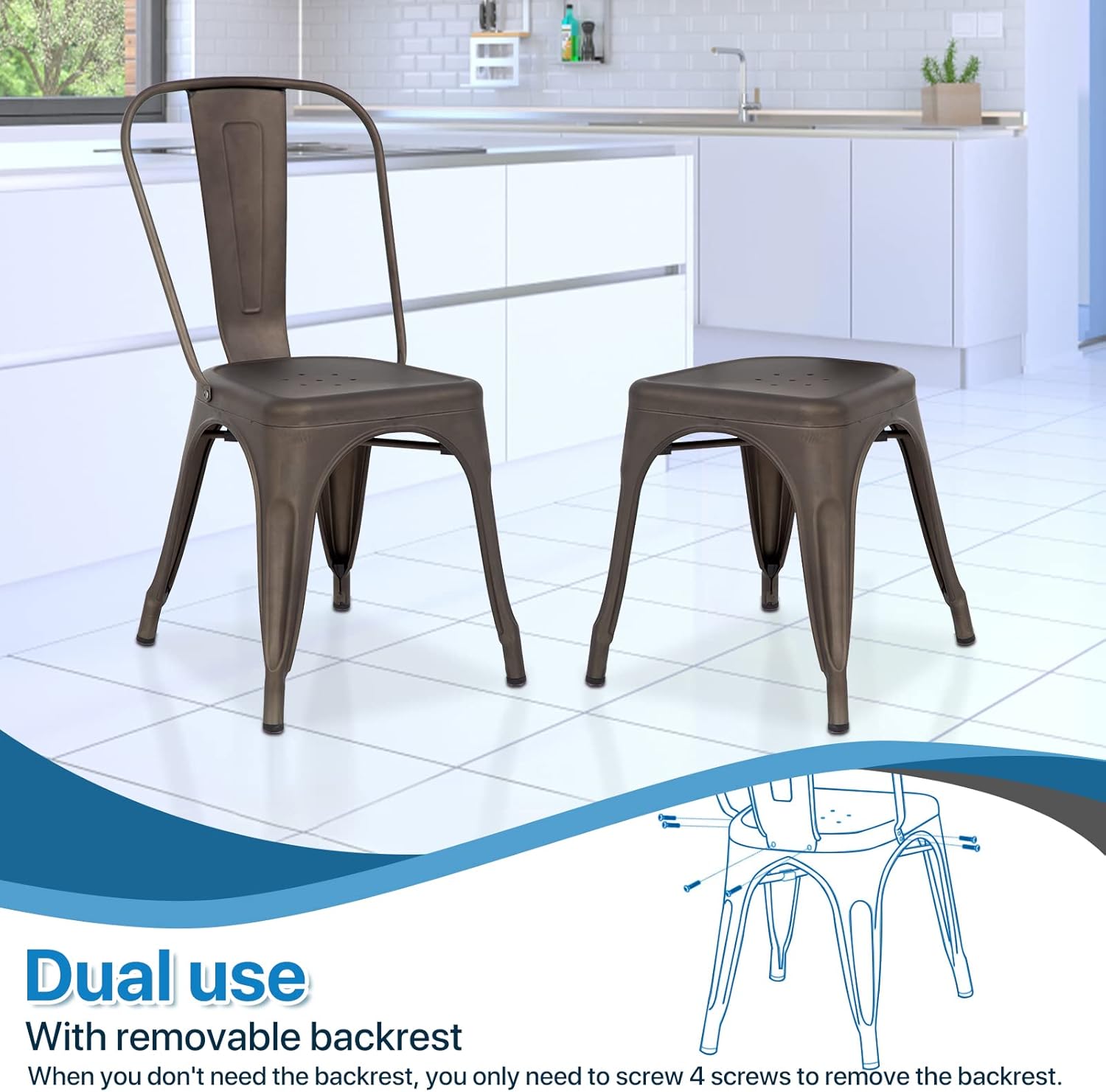 Metal Dining Chairs | Set of 4 | Bronze | Stackable Tolix Side Chairs with Backrest | Scratch-Resistant | Non-Slip Feet | Indoor/Outdoor Use | 330 lbs Capacity | for Kitchen & Restaurant