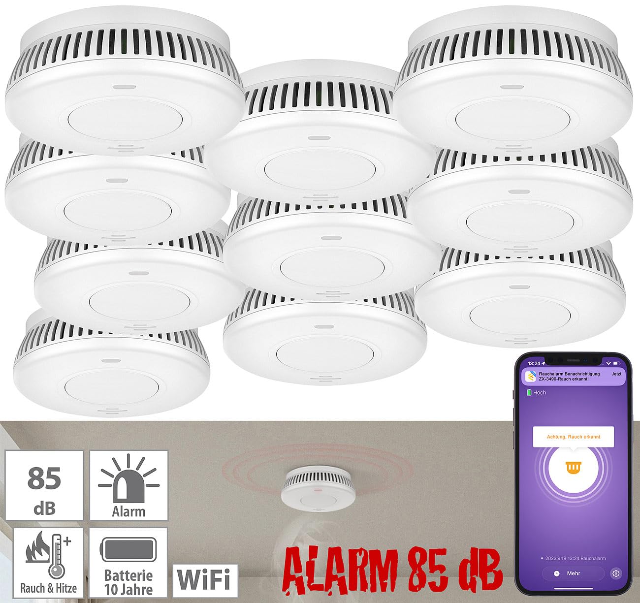 VisorTech sensori di rilevamento fumi: Set da 10 Rilevatore di fumo Wi-Fi, batteria integrata da 10 anni, 85 dB (allarme antincendio, rilevatore fumo wifi)