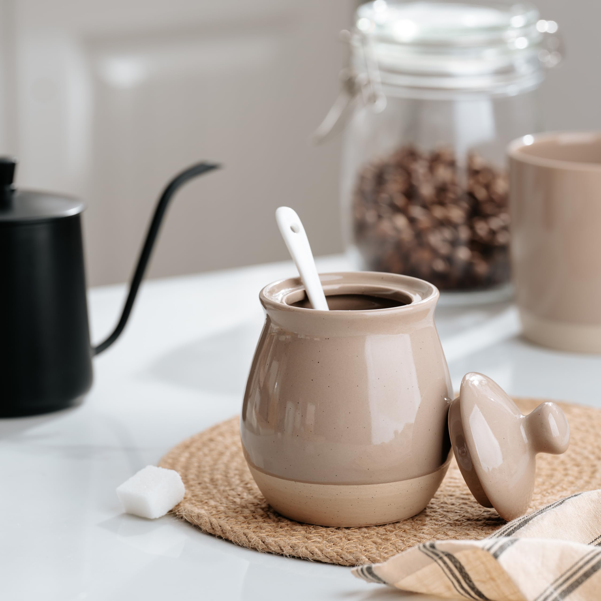 famiware Milkyway Sucrier avec couvercle et cuillère, pot à sucre en céramique de 283,5 g, distributeur pour sel, condiments, épices, assaisonnements, récipient à sucre pour café, cuisine et comptoir