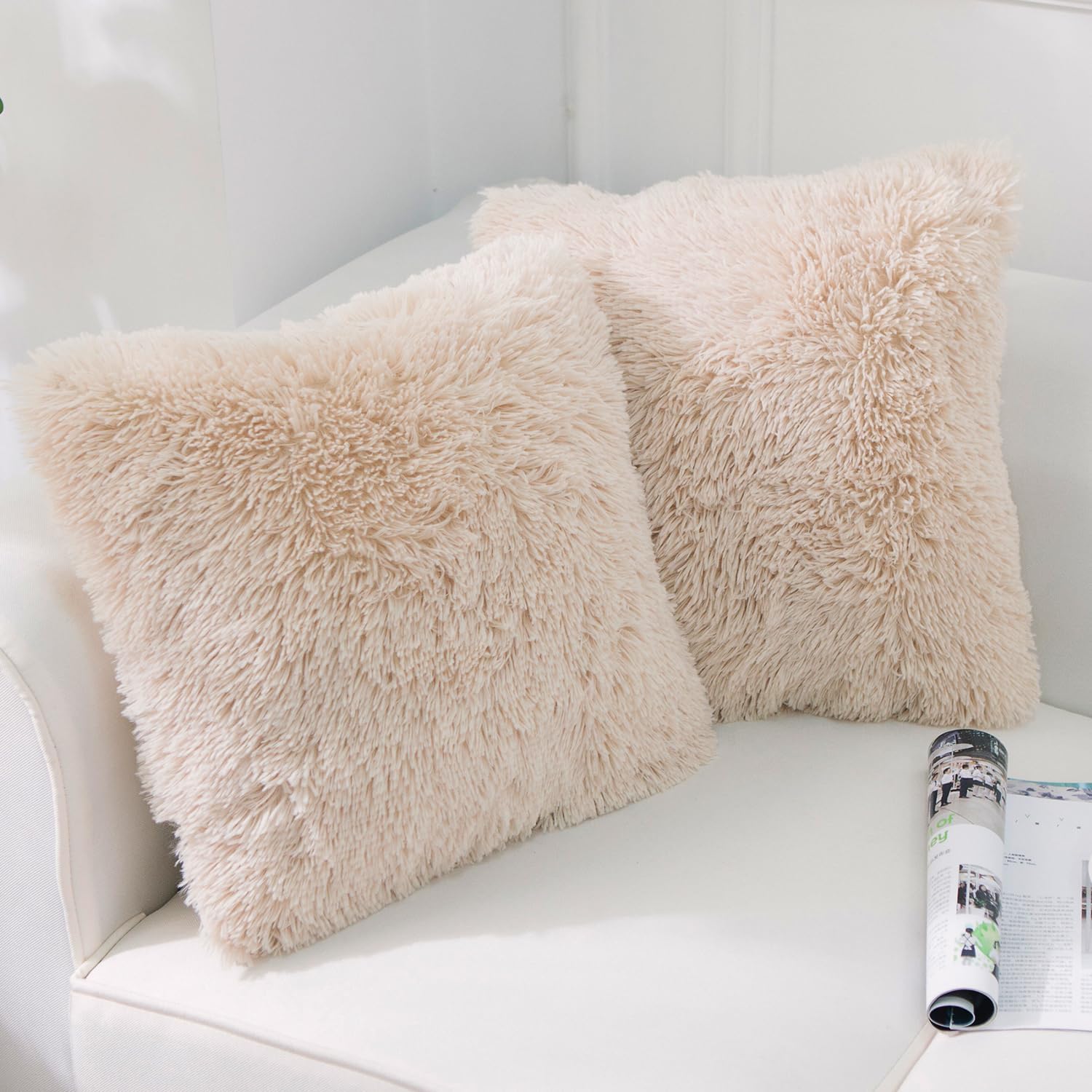 NordECO HOME Luxury Soft Faux Fur Fleece Cushion Cover Pillowcase Decorative Throw Pillows Covers, No Pillow Insert, 16" x 16" Inch, Beige, 2 Pack