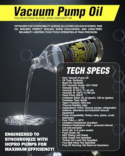 Miniatura 6 de HCPRO HCVPO128 - Aceite de bomba de vacío súper premium, aceite de refrigeración sintético universal de 1 galón, fórmula sin nebulización para un
