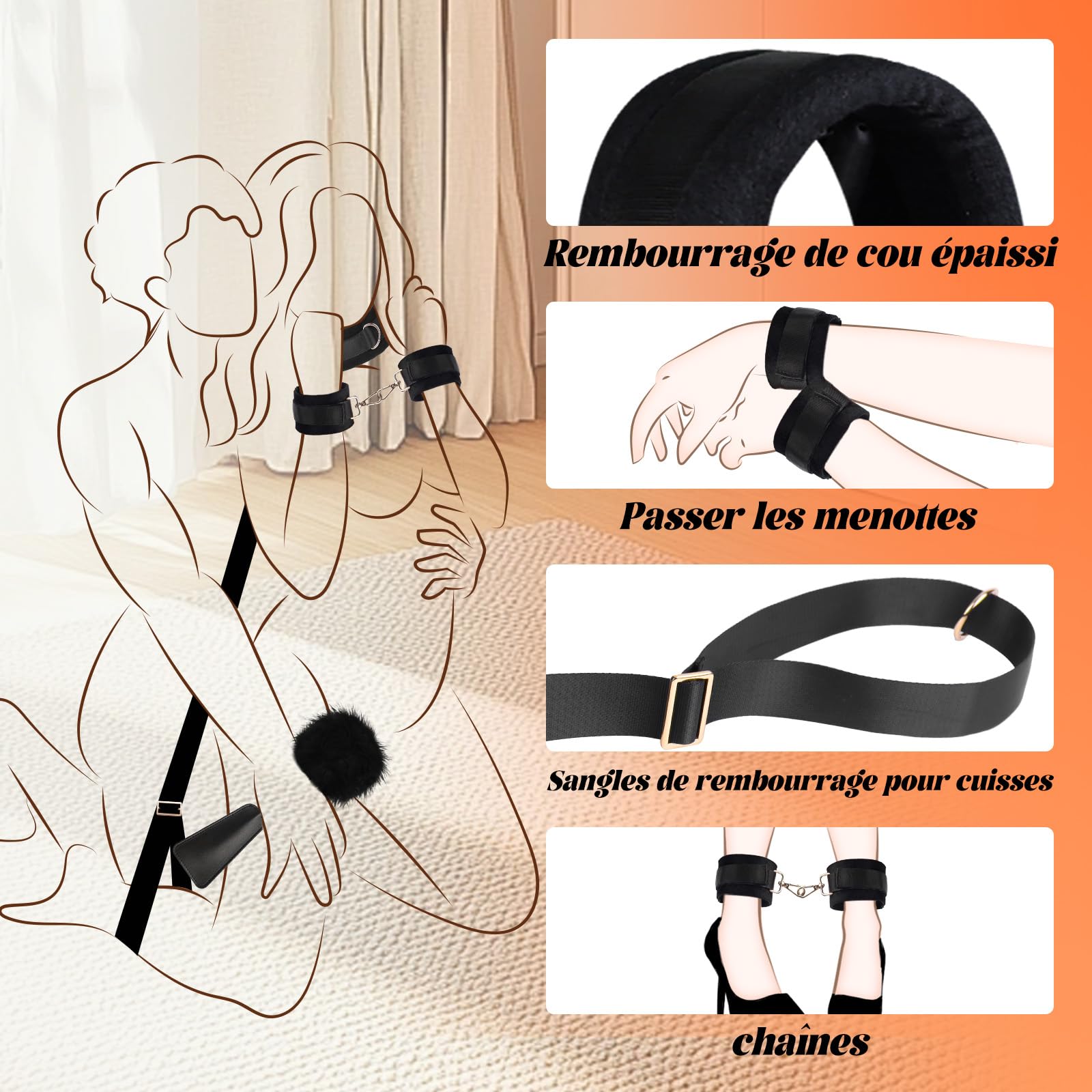 Sex Toýs Femme Couple Kits de Bondage Menottes Sex Lit BDSM Jeux Sexuelle Adulte Couple,Sex Toys Ensemble de Contention de Lit avec Menottes du Cou aux Cuisses/Chevilles, Sangles de Jambe Réglables