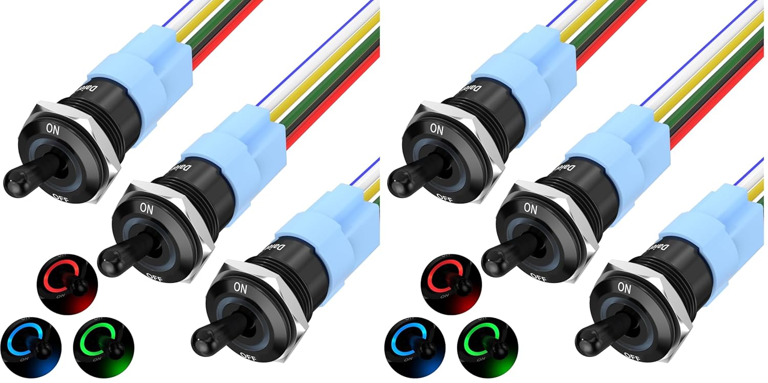 DaierTek 12V Waterproof Lighted Toggle Switch 12V 20A Heavy Duty Metal Toggle Switch 16MM RGB LED Marine Toggle Illuminated for Automotive Boat Car