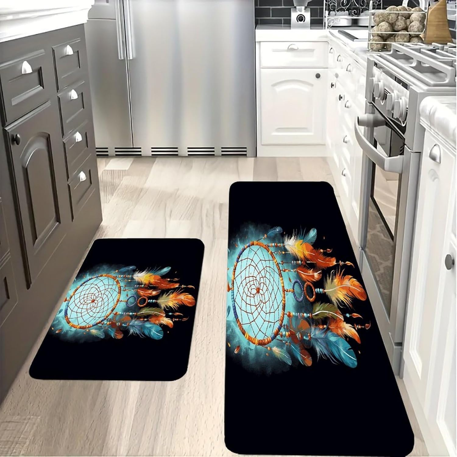 Feathers Dream Catcher Kitchen Mat Kitchen Rug Set | Kitchen Rugs Flannel Velvety Washable breathable Water Absorbent Soft ，kitchen utensils for Kitchen, Floor,Laundry