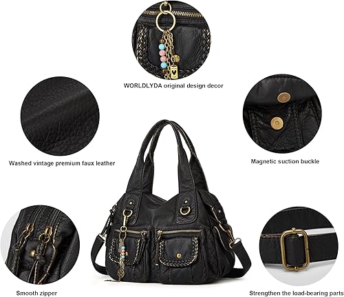 Vista 5 de Worldlyda - Bolso Hobo de lona para mujer, con múltiples bolsillos, bolso de hombro casual con asa superior con bordado étnico