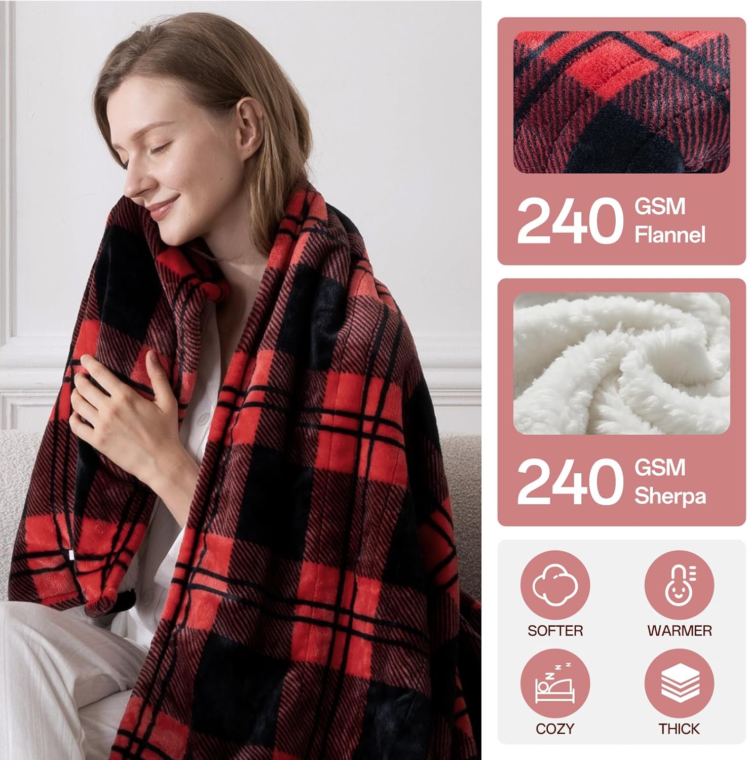 Heated Electric Blanket Twin Size 84" x 62", 8 Heat Settings, 10-Hour Selectable Auto Shut-Off, Fast Heating Blanket, Machine Washable, Warm and Cozy Red Black Plaid Checkered Sherpa Blanket, - Image 4