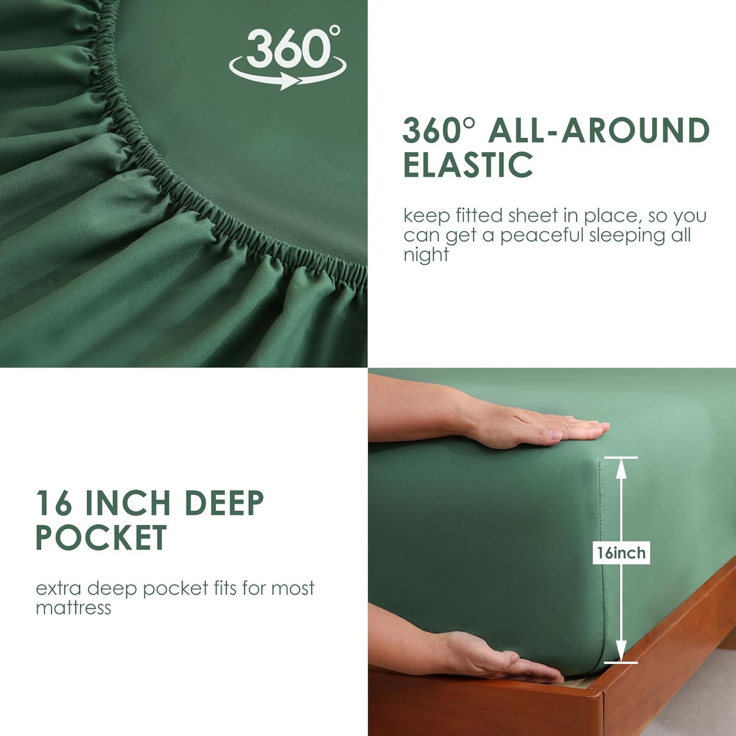 JSD Hunter Green Queen Sheet Set with Side Pocket Corner Straps, 4 Piece Soft Microfiber Bed Sheets Extra Deep Pocket