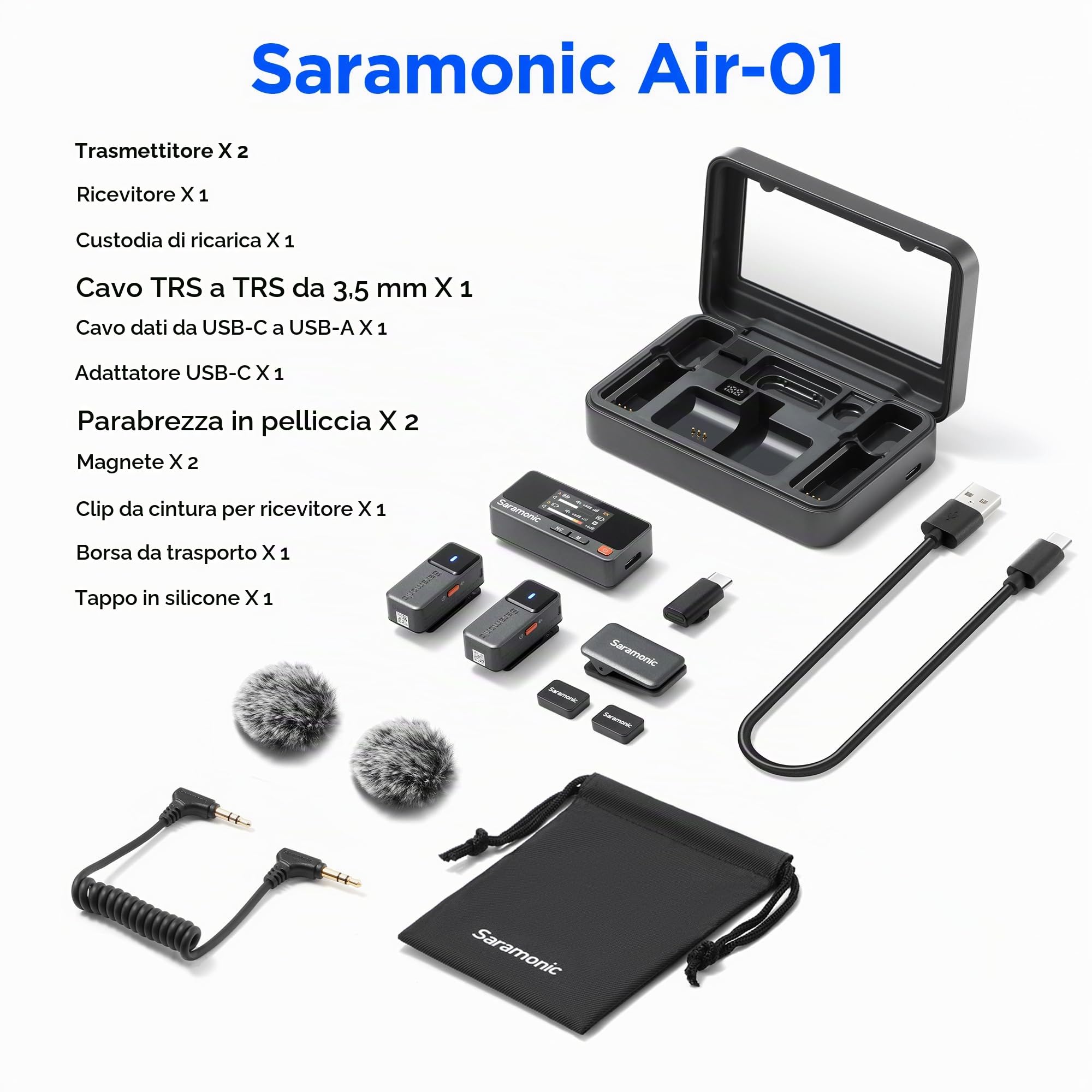 Saramonic Microfono lavalier wireless per iPhone Android (2TX + USB-C RX + custodia di ricarica), cancellazione del rumore, 300 m, mini microfono per Tiktok Youtube Live Stream interviste, podcast