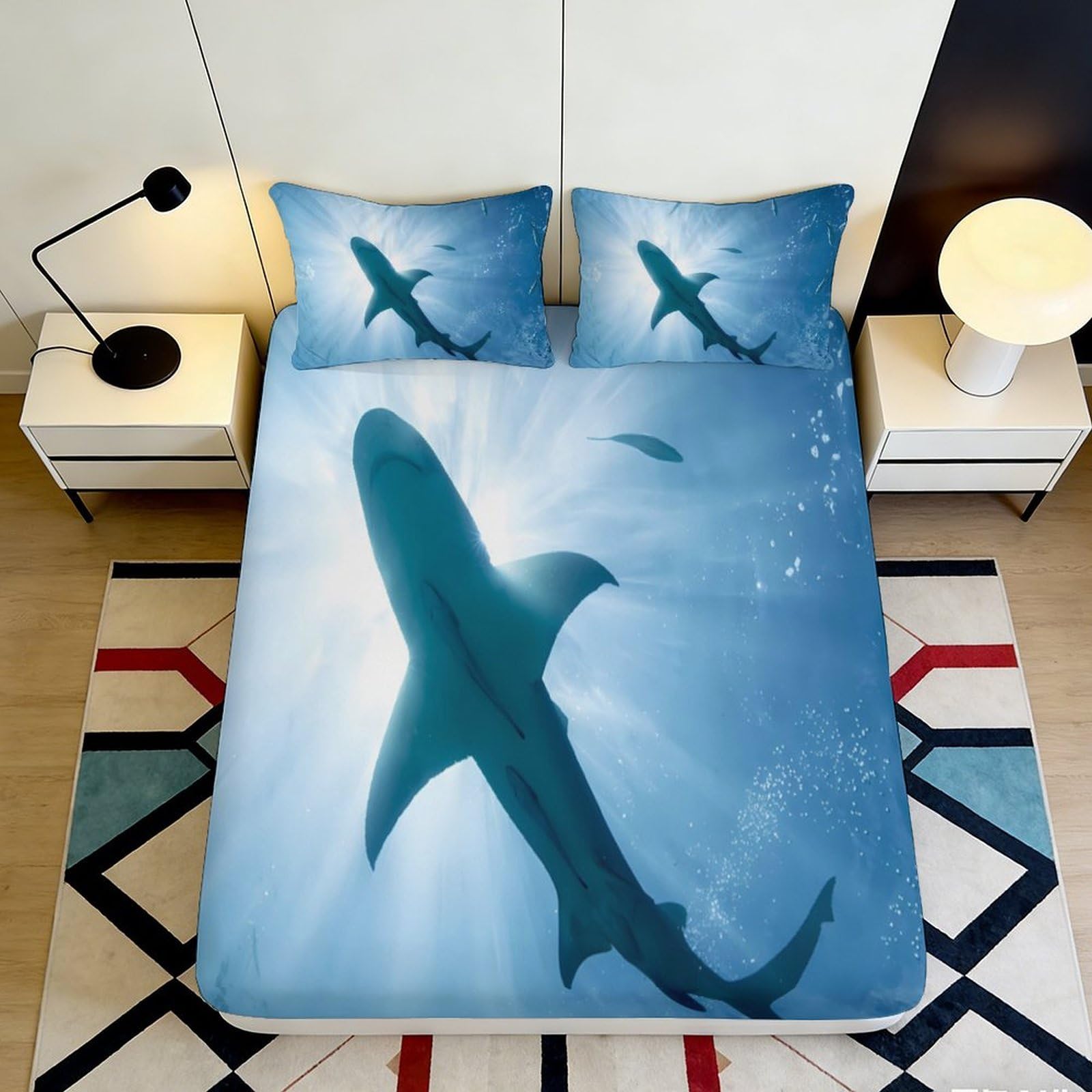 3D Printed Ocean Shark Fitted Sheet Microfiber Soft Breathable Underwater Light Mattress Cover for Bedroom Dorm Decor 90x200x25cm