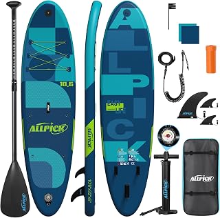 ALLPICK Premium SUP Board Set, Stand Up Paddling Board Aufblasbar, Mit Universal Kamerahalterung, Komplettes Zubehör, Verstellbares Paddel, Anfänger, Fortgeschrittene, 200kg