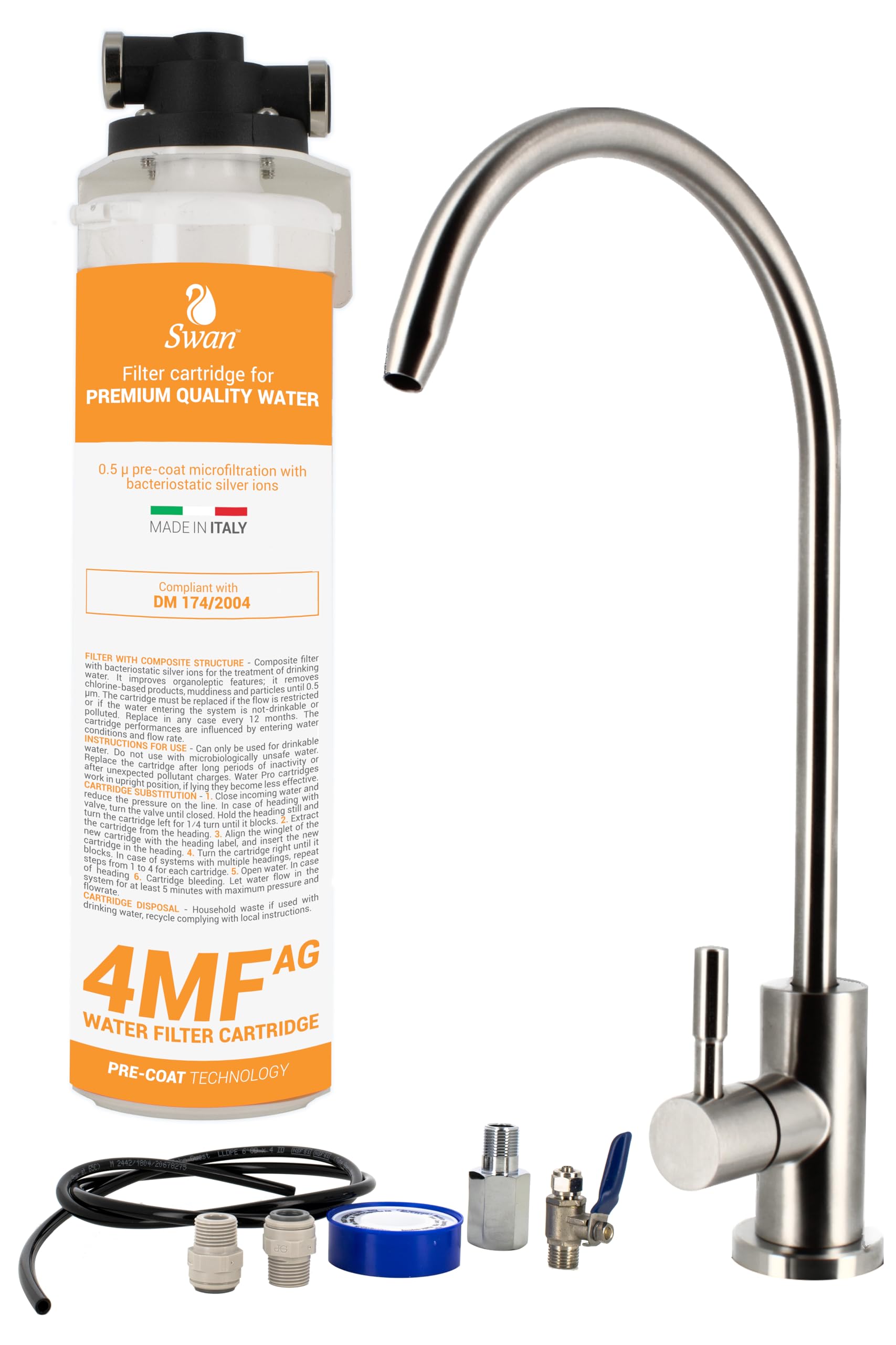 Sistema di Filtrazione Acqua da Sottolavello - Filtro 4 MF-AG - Testa QL1 - Rubinetto a 1 Via - Tubi e Raccordi - Installazione Rapida per Acqua Purificata Senza Calcare, Cloro e Sedimenti