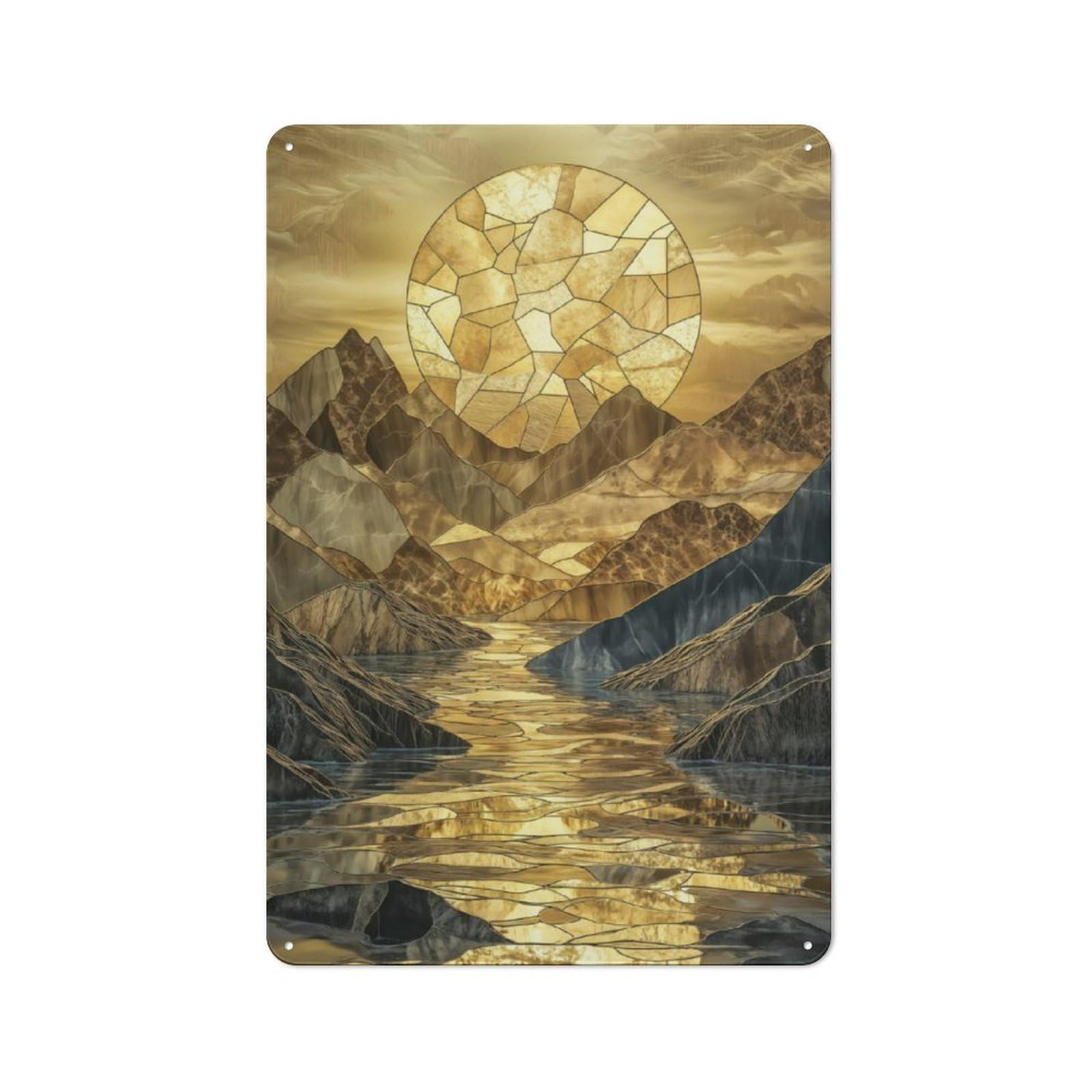 Junmoney Golden Mountain Landscape Rustic Metal Sign 30X20cm Featuring For Hallway Wall, For Collectors Decorating Hallways And Entrance Areas