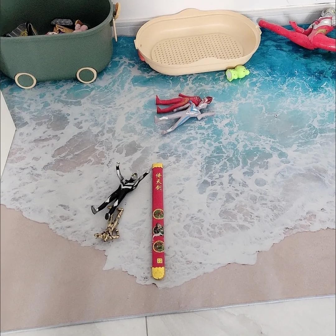 3D Visual Blue Ocean Rug with Beach Design Carpet, Large Sea Wave Area Rugs for Girls Bedroom-Cute Garden Mat Non-Slip Sofa Mat (Sea Wave,40''x60'')