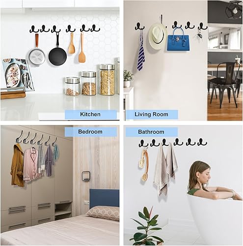 Miniatura 7 de Paquete de 4 ganchos de pared para colgar abrigos, resistentes, ganchos negros para toallas, colgador doble de metal con tornillos retro para