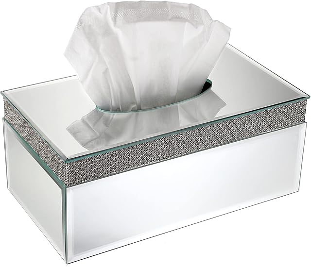 BTSKY Mirrored Glass Rectangular Tissue Box With Crystal Crushed Diamond - Glass Tissue Holder Cover For Home Decoration, Table Napkin Holder Tabletop Tissue Paper Box, Silver