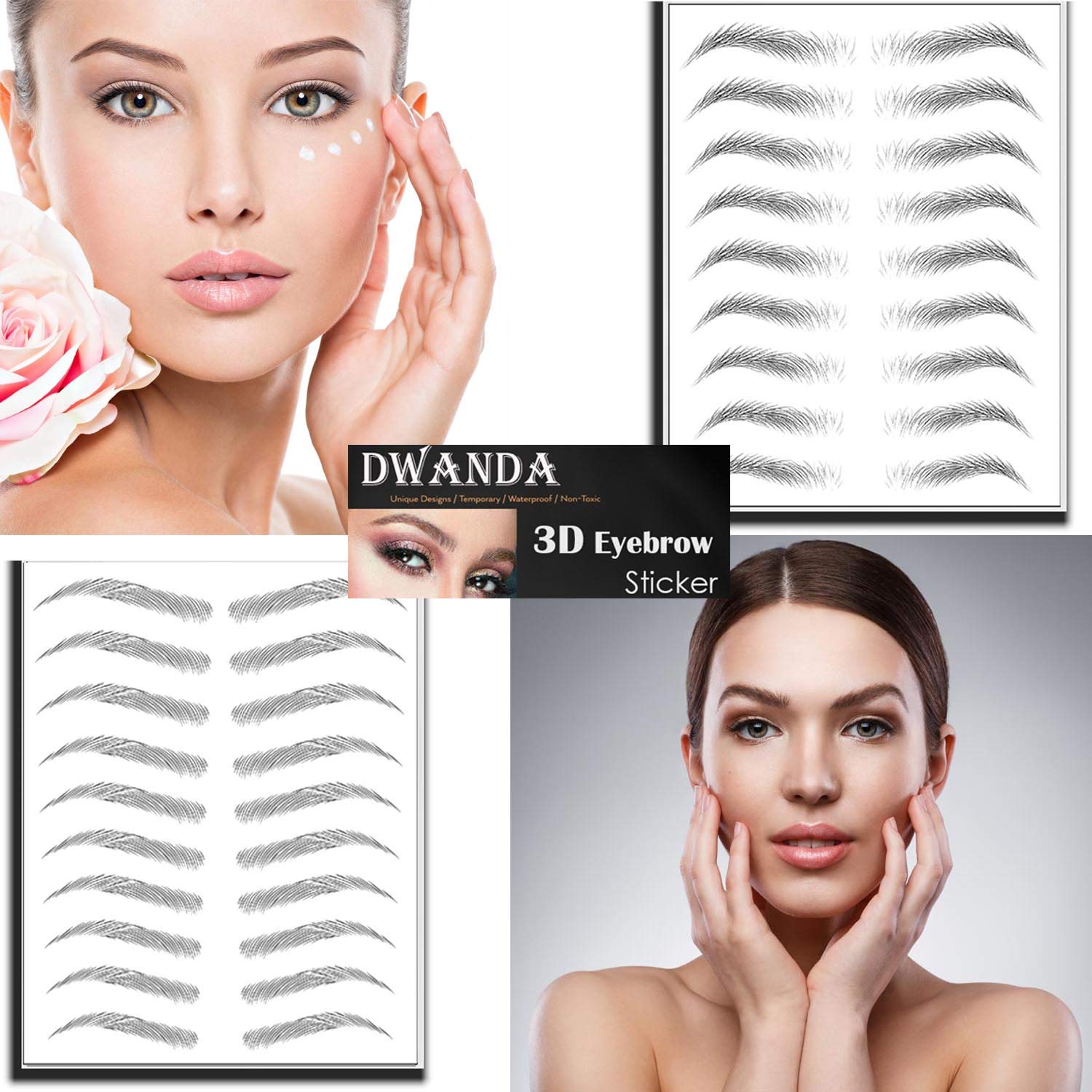 6 Sheets Premium Dwanda 3D Realistic Long Lasting Eyebrow Transfers, Realistic Looking Natural Eyebrows, Waterproof Eyebrow Tattoo stickers for Woman Makeup, Black, 54-Pairs of Brows