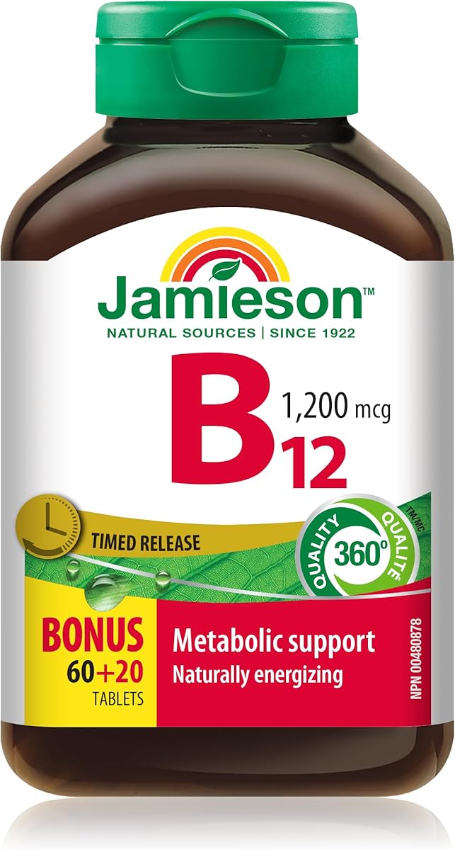 Jamieson Laboratories Jamieson Vitamin B12 Methylcobalamin 1,200 mcg Tablets, Timed Released, Faster Acting, Naturally Energizing, and Supports Metabolism. Vegetarian, Non-GMO, Gluten-Free, 80 Count, Proudly Canadian
