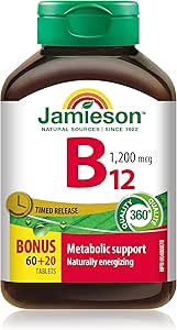 Jamieson Vitamin B12 Methylcobalamin 1,200 mcg Tablets, Timed Released, Faster Acting, Naturally Energizing, and Supports Metabolism. Vegetarian, Non-GMO, Gluten-Free, 80 Count, Proudly Canadian